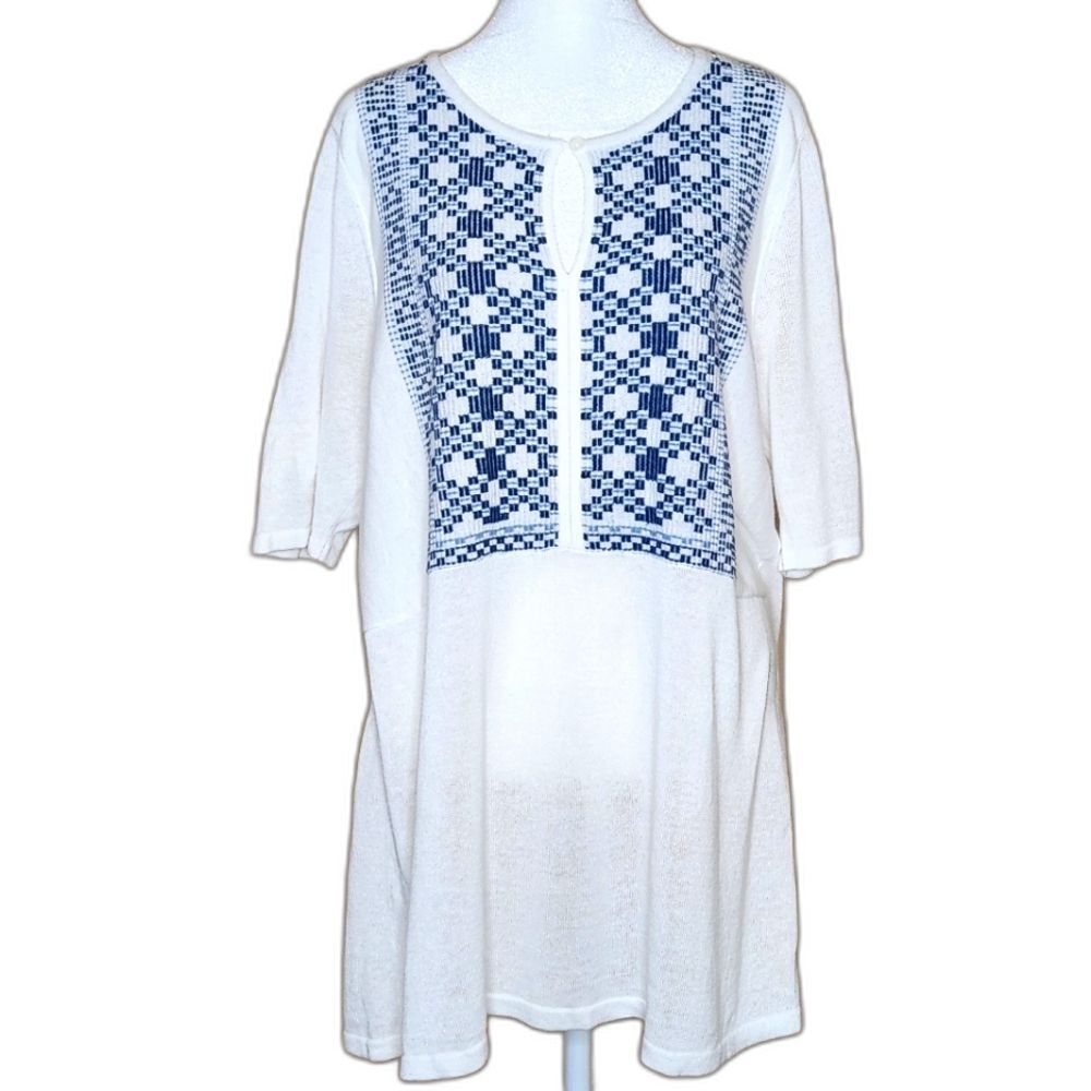J. Jill White Blue Embroidered Linen Blend Knit Tunic Top Size Large Lagenlook